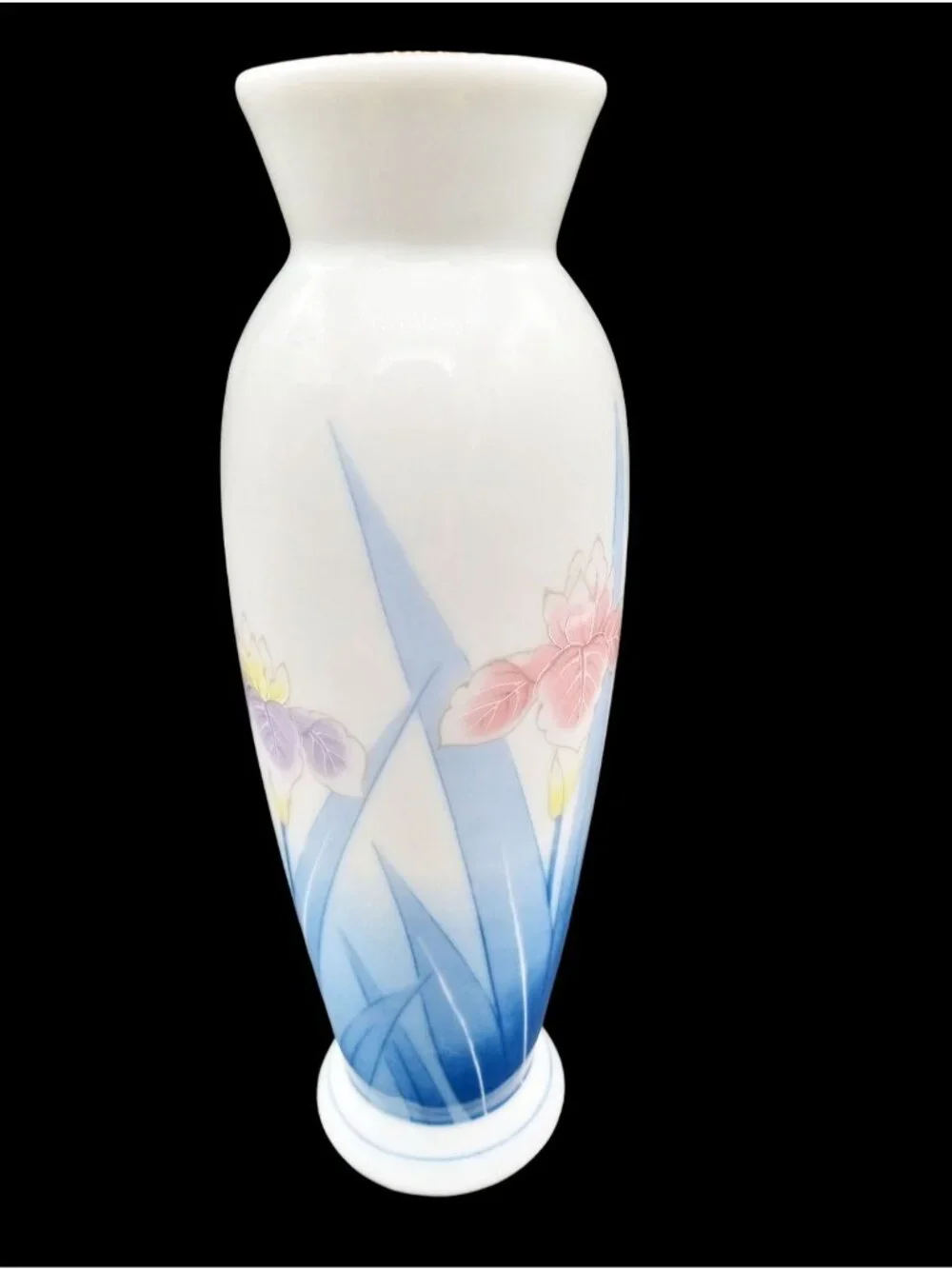 Japanese Porcelain Vase Vintage Kozan Gama Blue Iris Floral Gold Trim 6.75